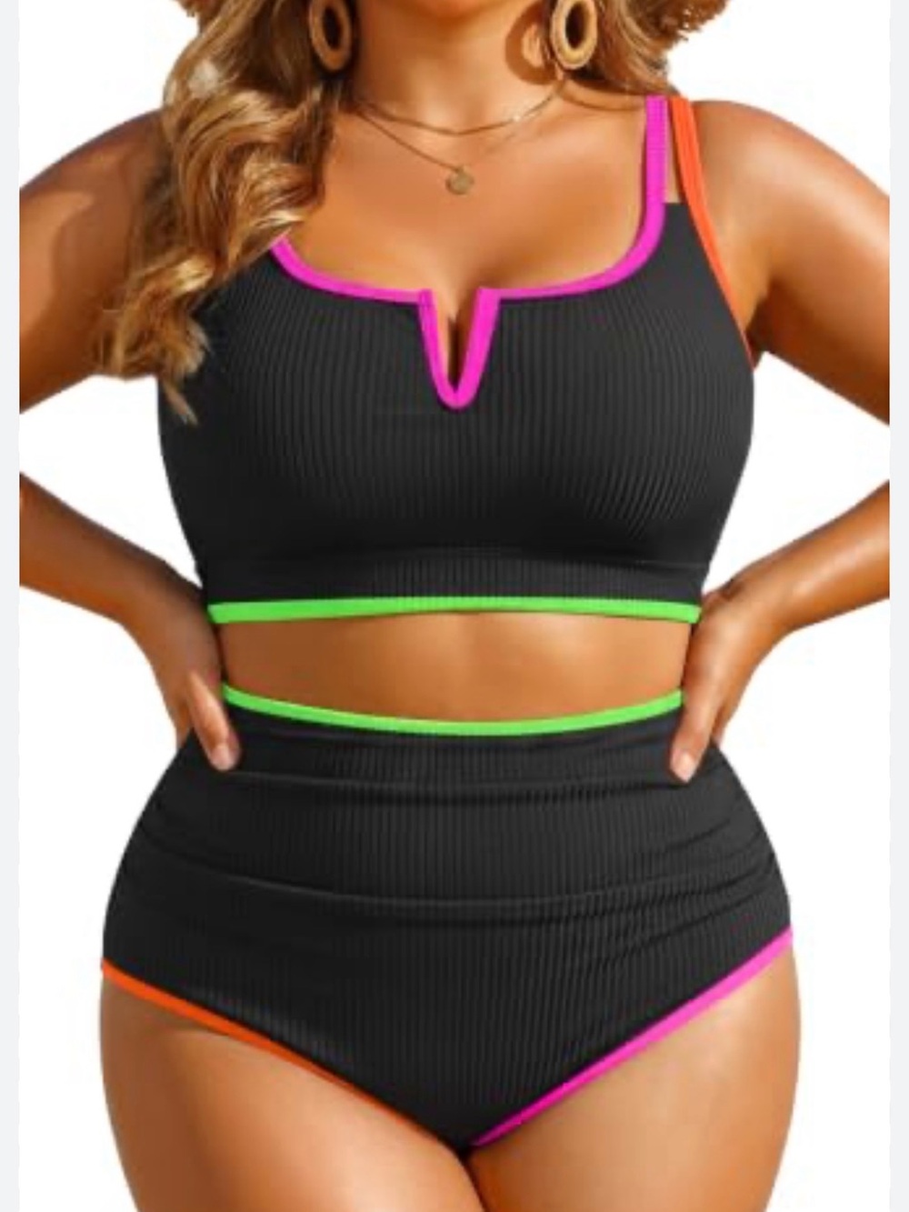 🌼-31 Black Ribbed High-Waist Bikini with Neon Trim - Women Swim
